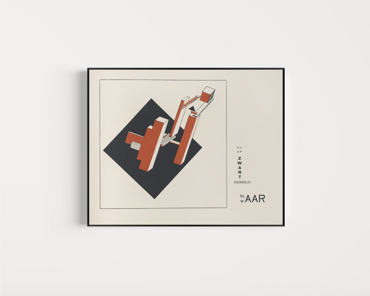 Framed art print of Of Two Squares: Construction 5 (And on Black, Clearly Formed) by El Lissitzky, in a slim black frame on a plain white wall