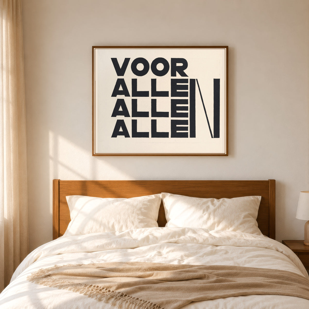 Framed art print of Of Two Squares: Dedication ('For All, All, All Children') by El Lissitzky, in a slim wood frame above a bed in a sunlit bedroom
