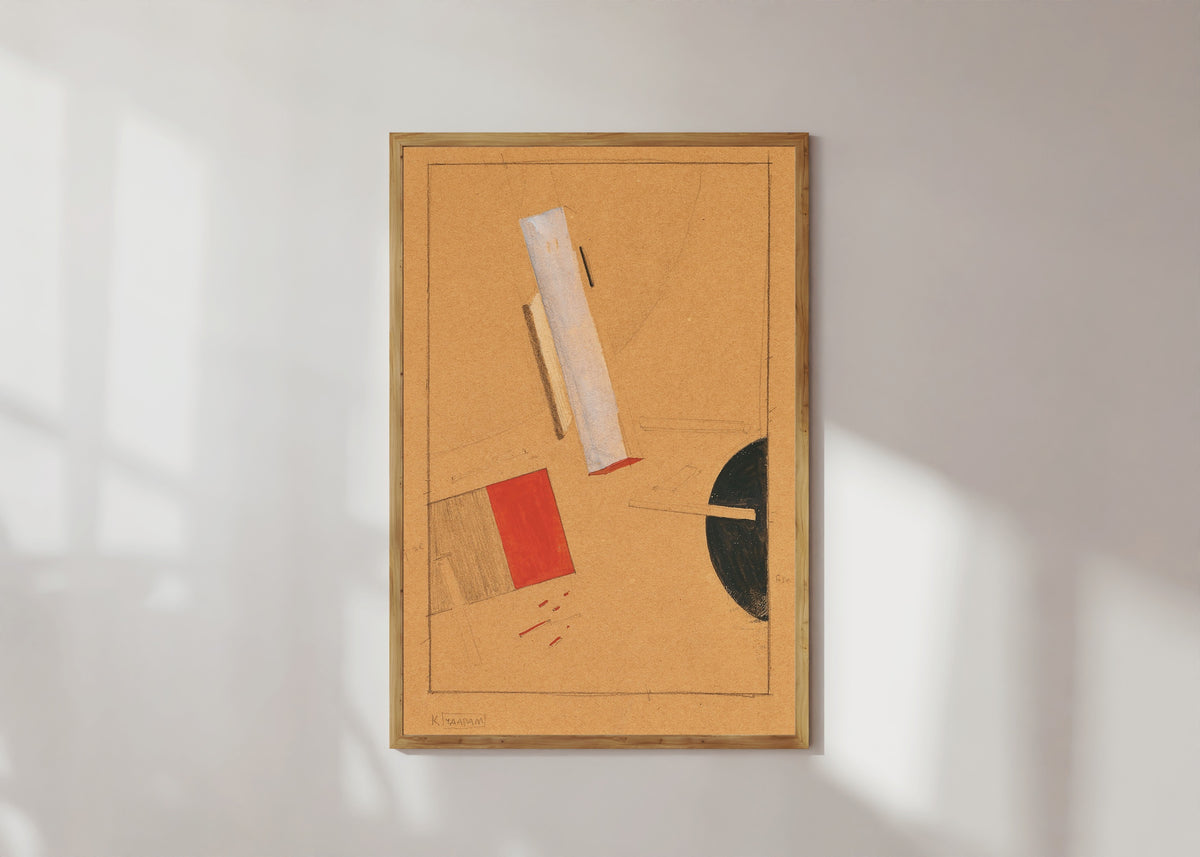 Framed art print of Proun Study by El Lissitzky, in a light wood frame on a sunlit white wall