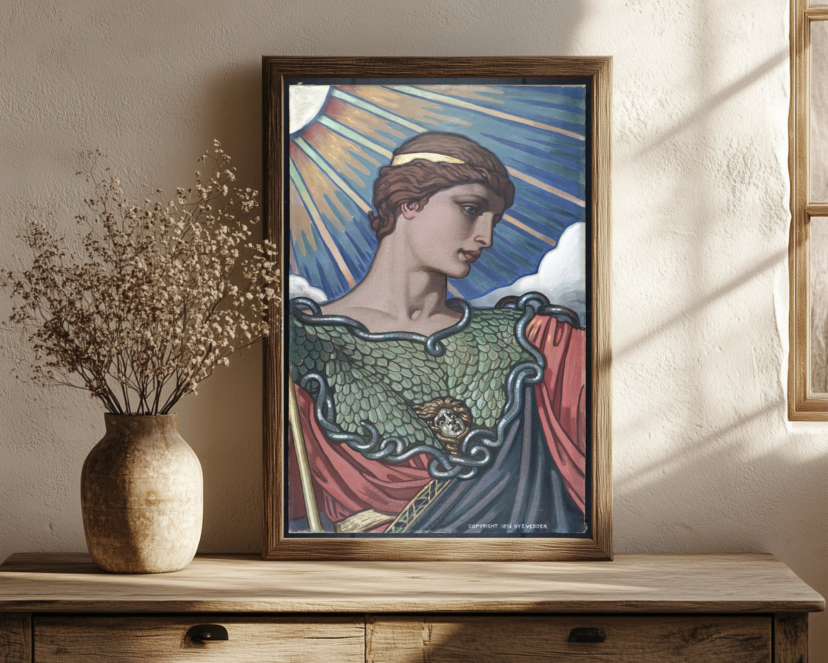 Framed art print of Head of Minerva (1896) by Elihu Vedder, in a dark wood frame leaning on a rustic console beside dried flowers