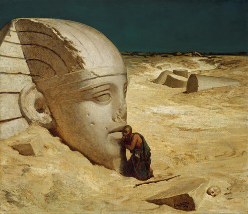 The Questioner of the Sphinx by Elihu Vedder — A kneeling figure presses close to a giant carved sphinx head