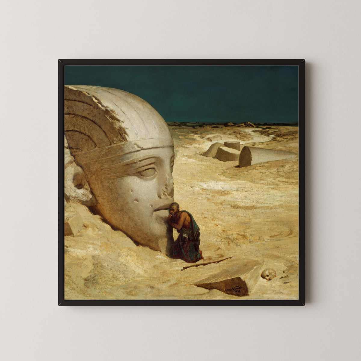 The Questioner of the Sphinx by Elihu Vedder — in a black frame on a pale wall