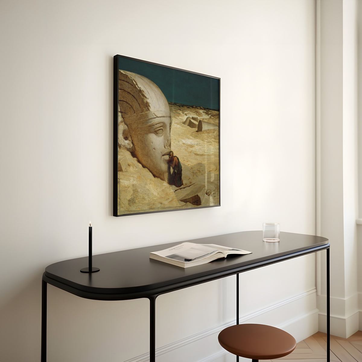 The Questioner of the Sphinx by Elihu Vedder — framed above a slim black console table