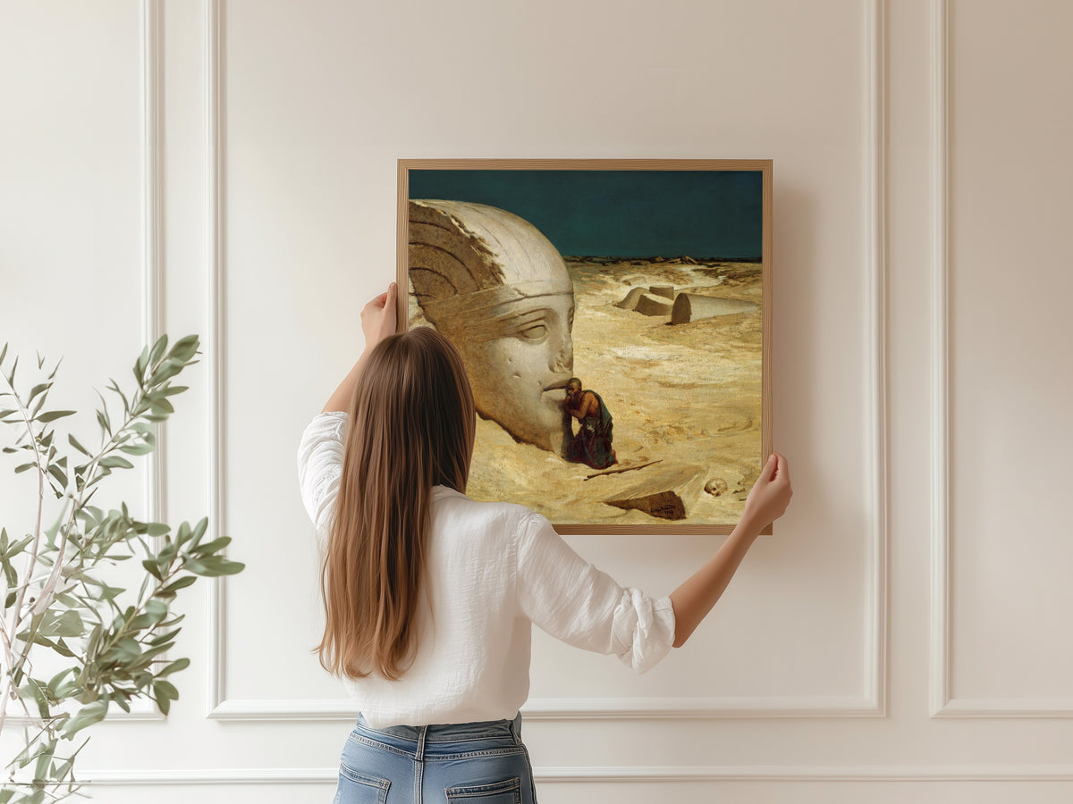 The Questioner of the Sphinx by Elihu Vedder — being hung, framed, on a panelled wall