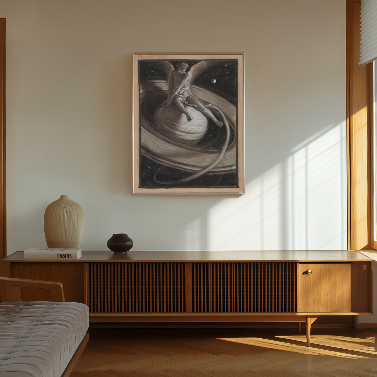 Framed art print of The Throne of Saturn (1883) by Elihu Vedder, in a thin light frame on a sunlit wall above a wooden sideboard