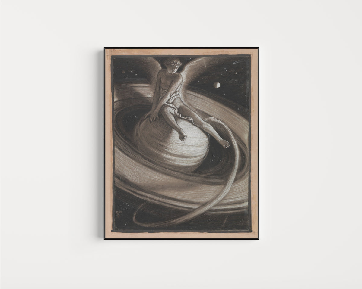 Framed art print of The Throne of Saturn (1883) by Elihu Vedder, in a slim black frame on a plain white wall