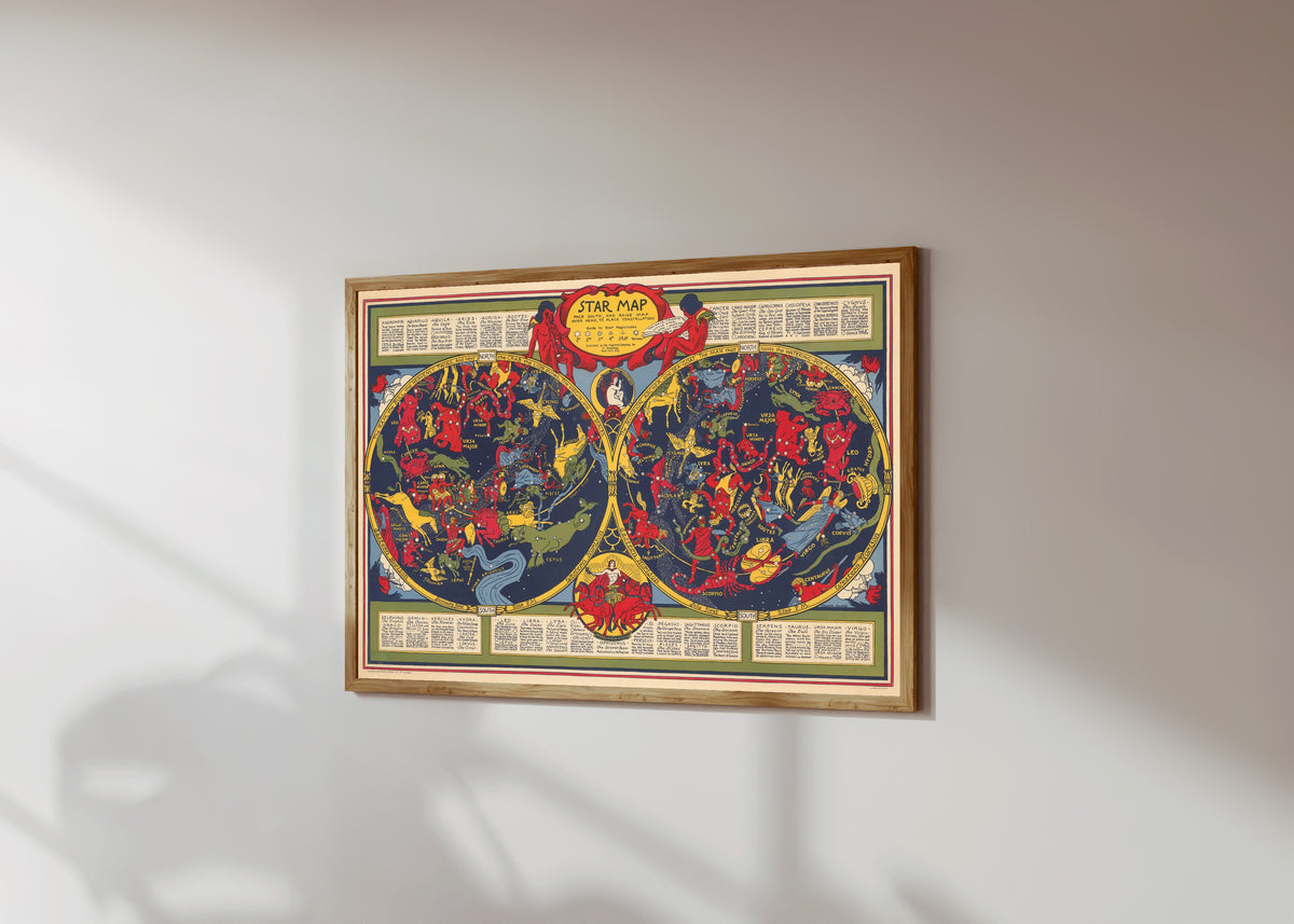 Framed art print of Star Map by Elizabeth Shurtleff, in a light wood frame on a sunlit white wall, seen at a slight angle