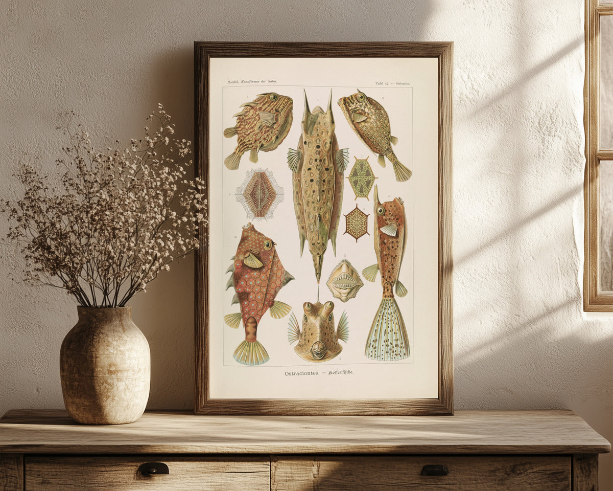 Framed art print of Kunstformen der Natur, Plate 42: Ostraciontes by Ernst Haeckel, in a dark wood frame leaning on a rustic console beside dried flowers