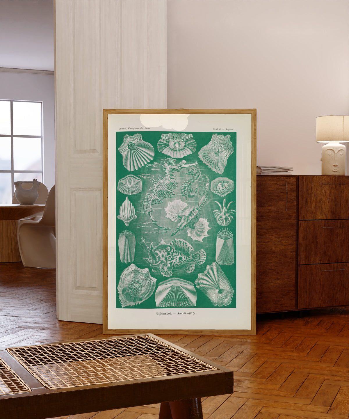 Framed art print of Kunstformen der Natur, Plate 87: Teleostei by Ernst Haeckel, in a light wood frame leaning in a warm room with a parquet floor