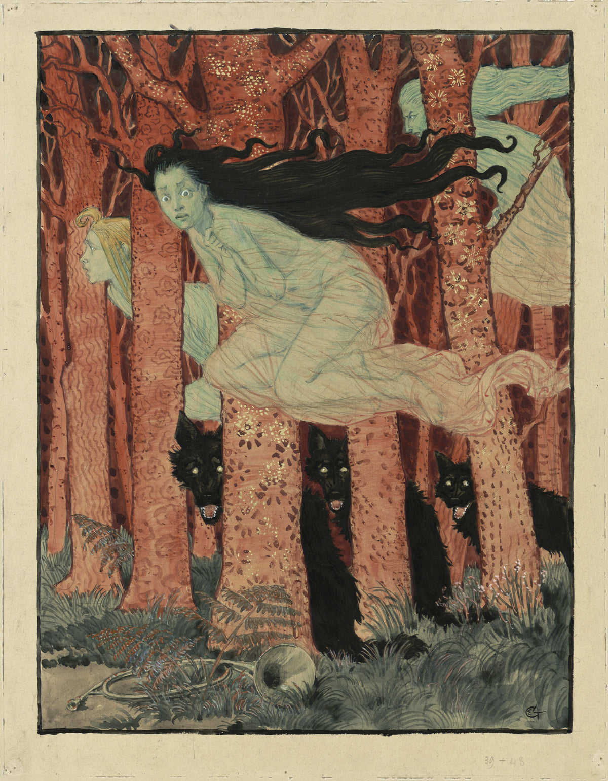 Drei Frauen und drei Wölfe [Three Women and Three Wolves] by Eugène Grasset — Three pale women flee through a patterned forest of wolves