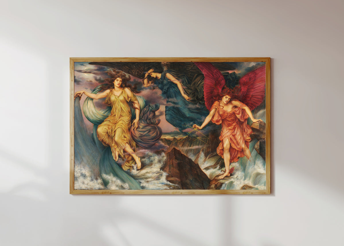 Framed art print of The Storm Spirits by Evelyn De Morgan, in a light wood frame on a sunlit white wall