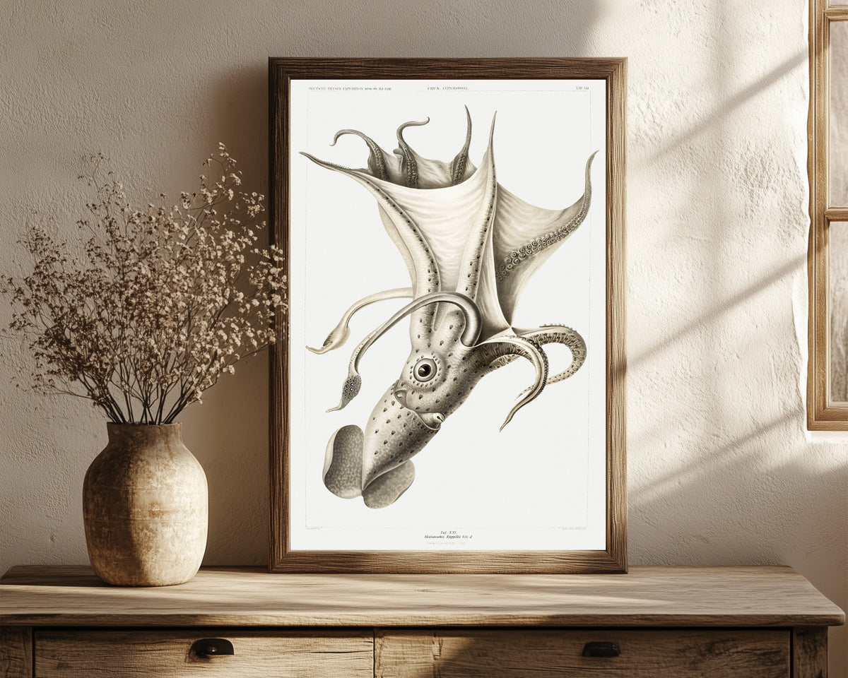 Framed art print of Histioteuthis rüppellii by Ewald Heinrich Rübsaamen, in a dark wood frame leaning on a rustic console beside dried flowers