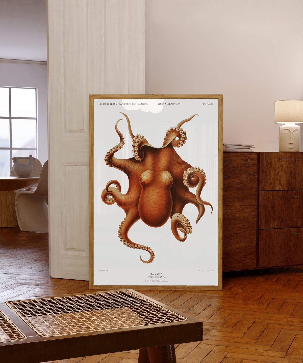 Framed art print of Polypus levis by Ewald Heinrich Rübsaamen, in a light wood frame leaning in a warm room with a parquet floor