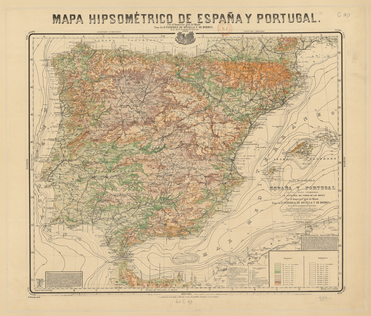 Mapa hipsométrico de España y Portugal by Federico de Botella y de Hornos — A hand-coloured relief map of Spain and Portugal