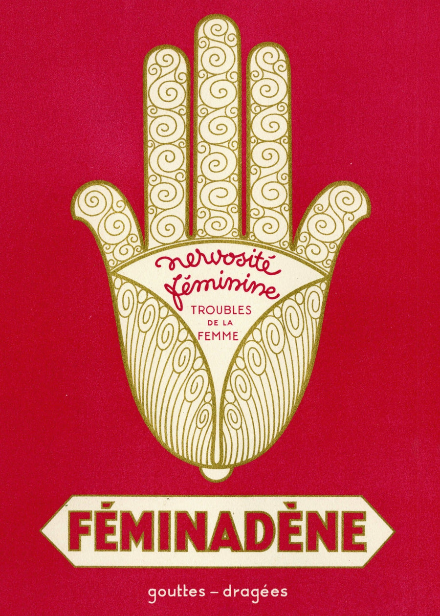 Féminadène — Vintage French Pharmaceutical Poster Print in Red shown to scale on a wall above a sofa