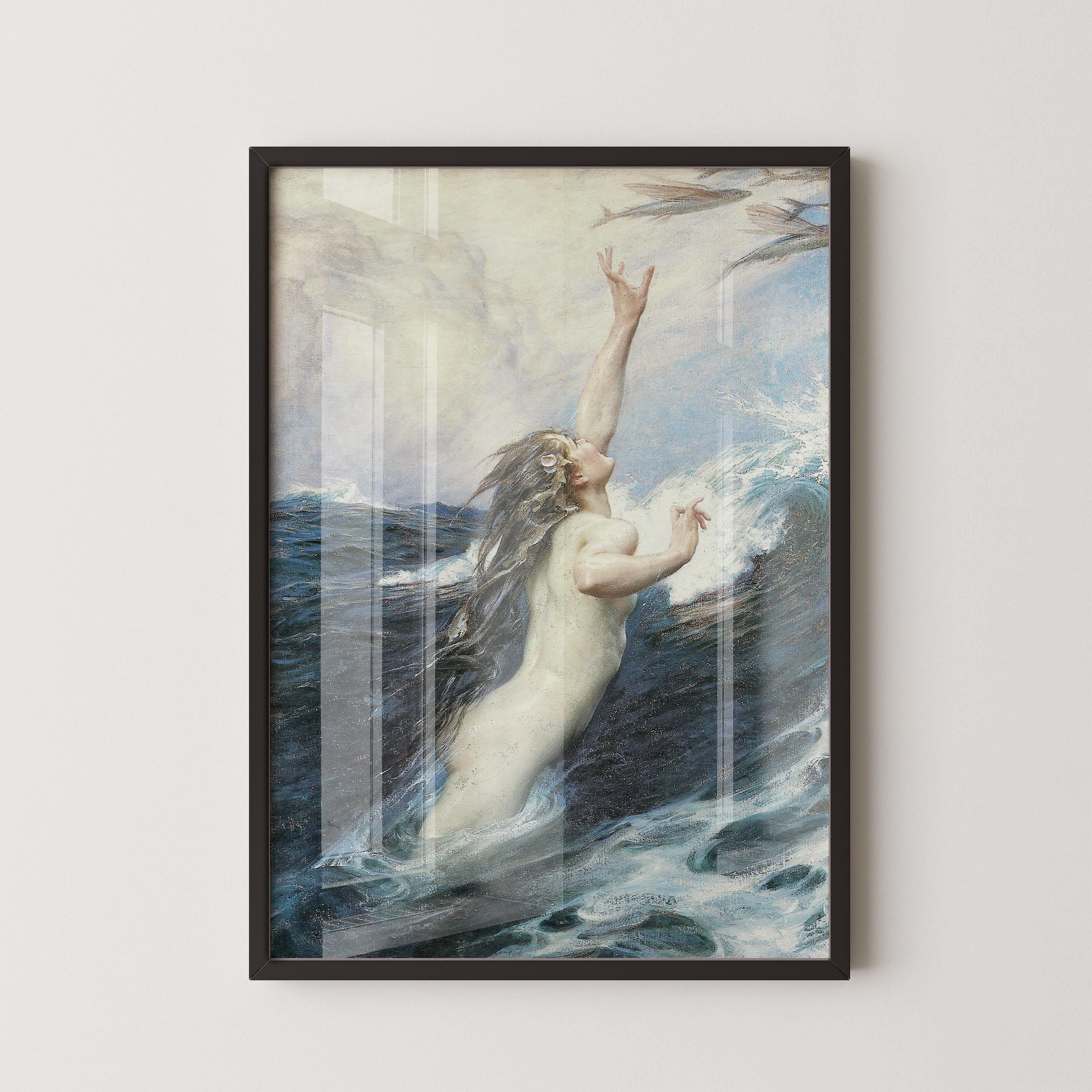 Flying Fish - Herbert James Draper | Romantic Ocean Fantasy | Mythological Nude Vintage Sea Goddess Print (available handframed or unframed) - 9ArtPrints