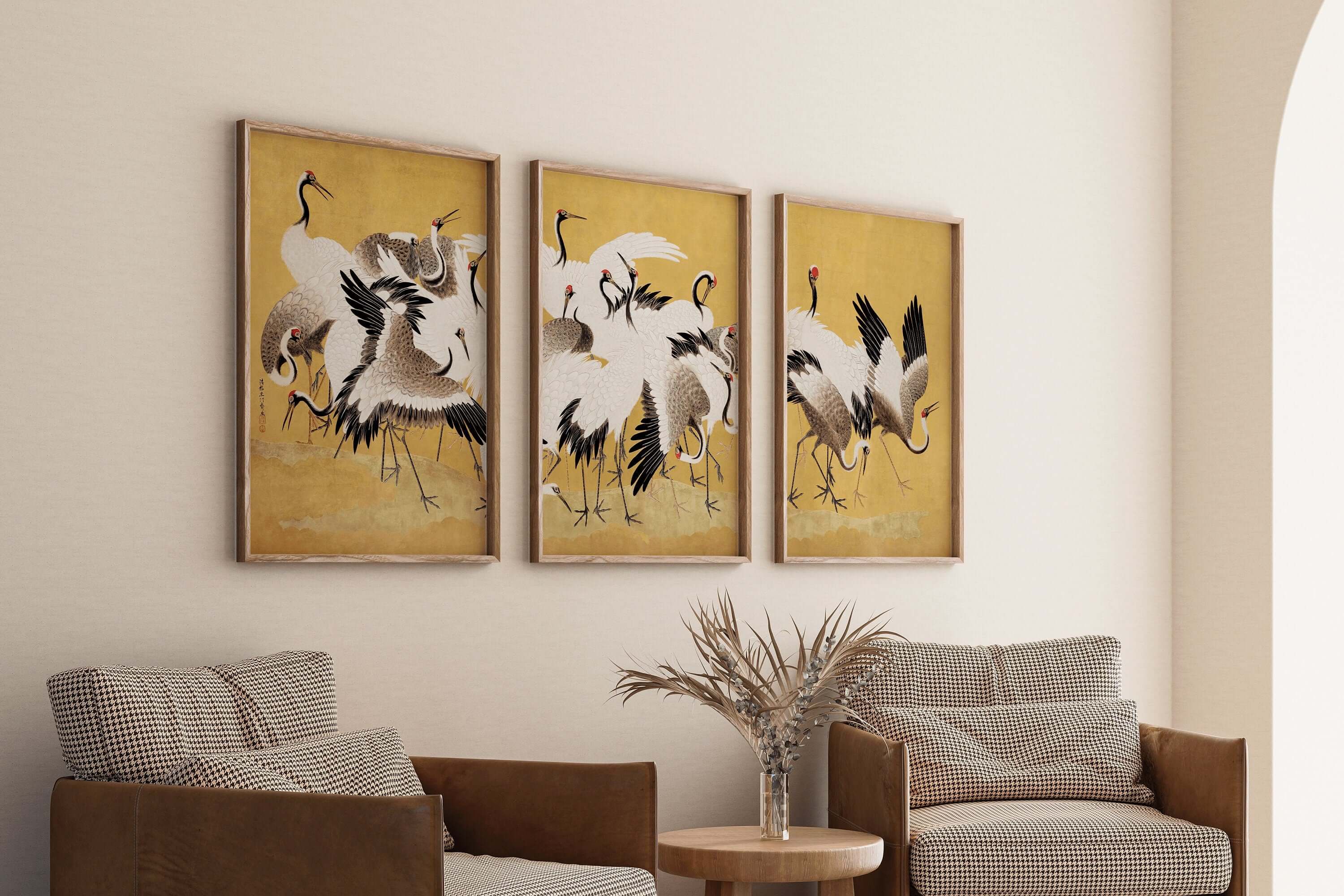 Framed Set of 3 Cranes Ishida Yūtei Woodblock Art Japanese Gallery Set Ukiyo - e Yellow Home Ready to Hang Herons Office Decor Museum Print - 9ArtPrints