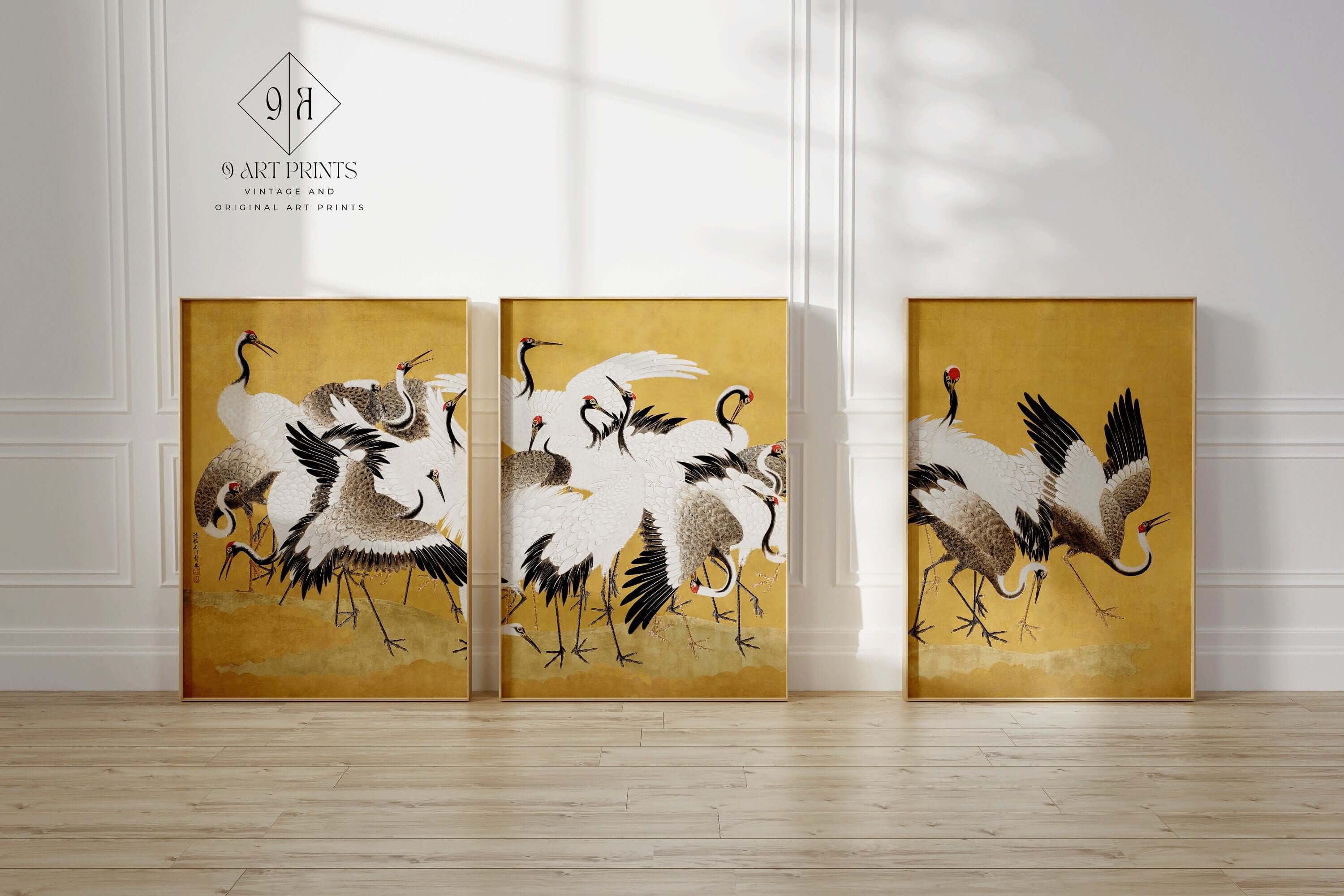 Framed Set of 3 Cranes Ishida Yūtei Woodblock Art Japanese Gallery Set Ukiyo - e Yellow Home Ready to Hang Herons Office Decor Museum Print - 9ArtPrints