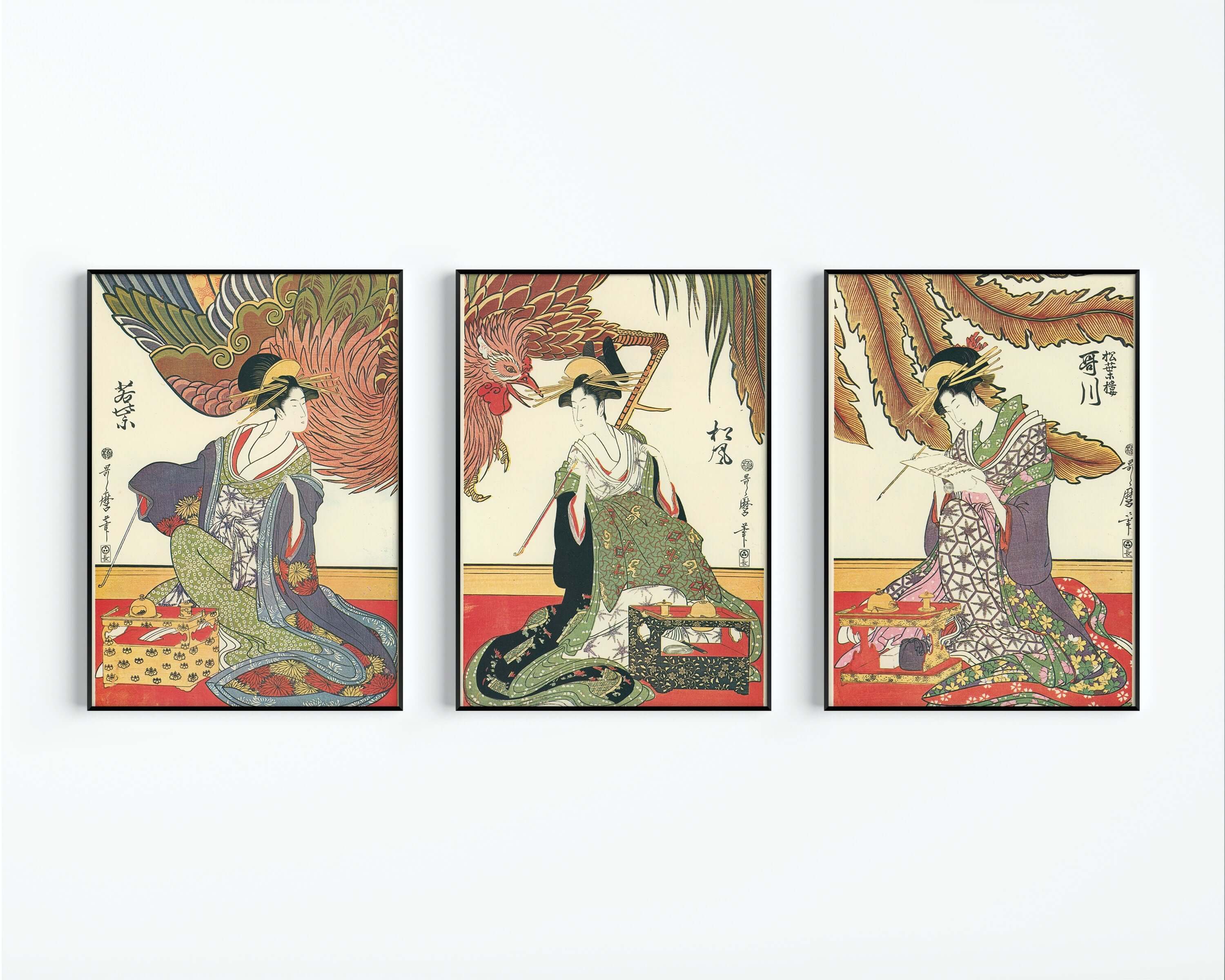 Framed Set of 3 Japanese Utamaro Three Beauties Woodblock Art Ready Made Gallery Asian Shin Hanga Ready to Hang Home Office Decor Ukyio - e - 9ArtPrints