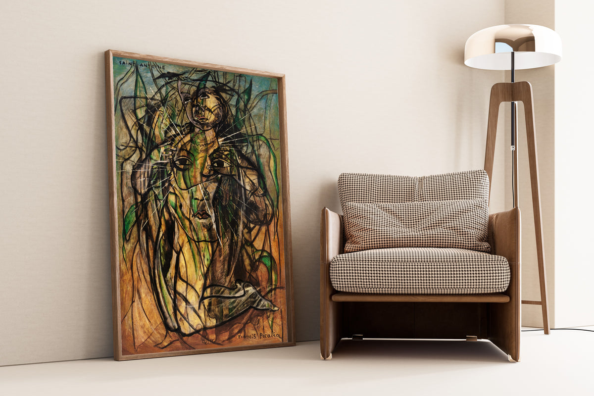 Saint Antoine by Francis Picabia — framed and leaning against a wall beside an armchair and a floor lamp