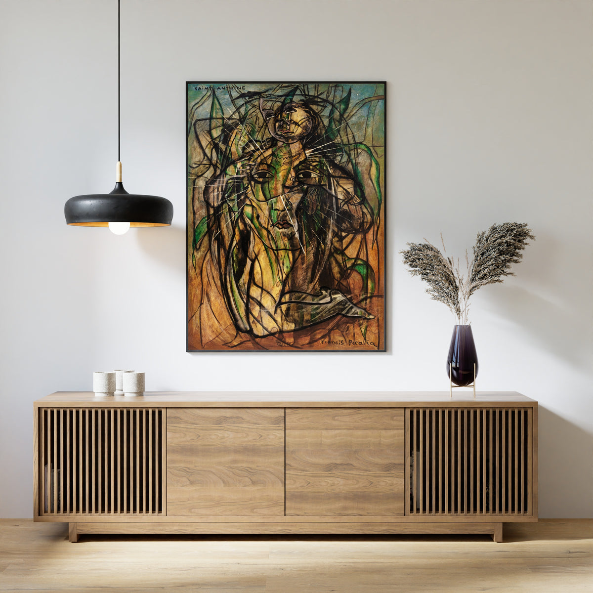 Saint Antoine by Francis Picabia — framed above a slatted wood sideboard