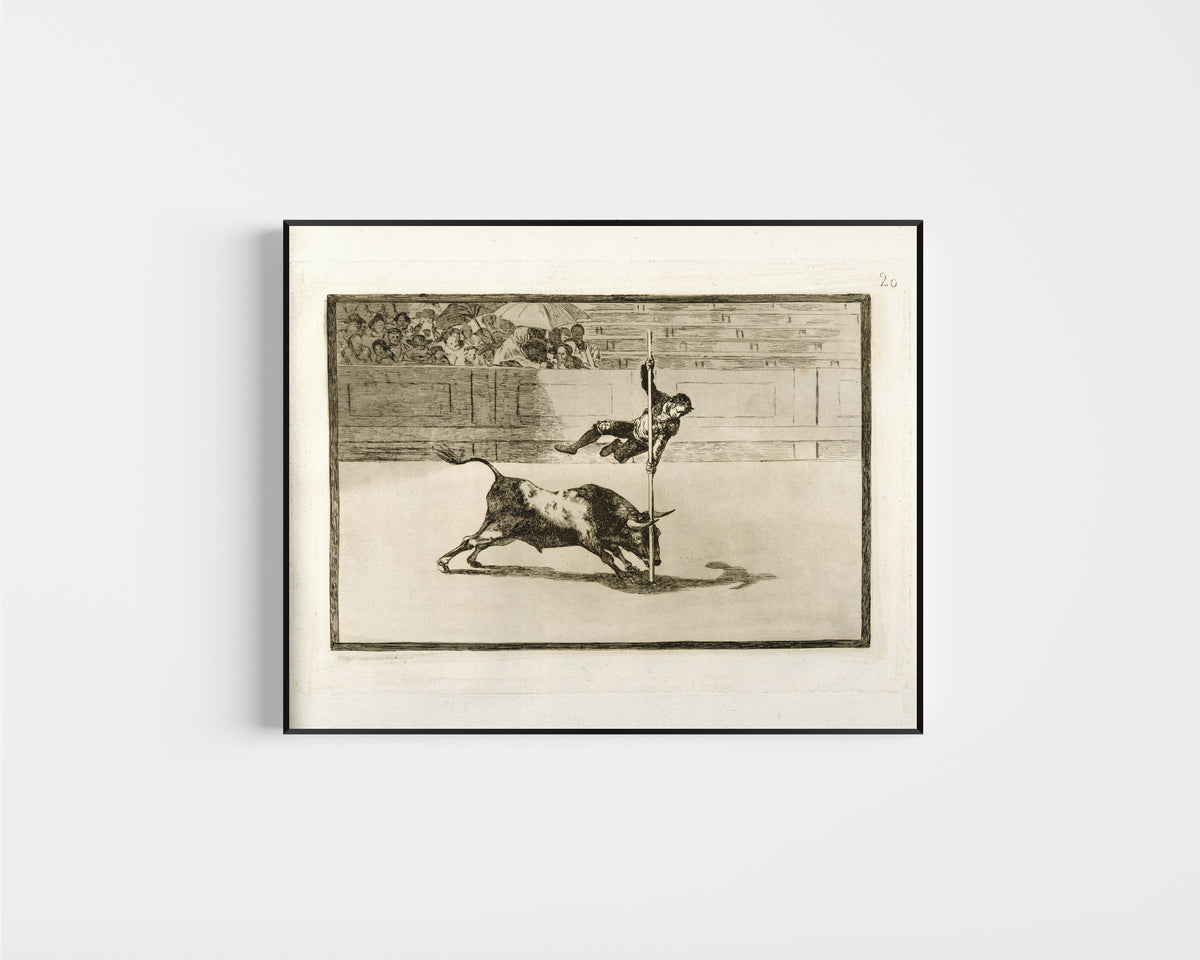 Framed art print of Ligereza y atrevimiento de Juanito Apiñani en la de Madrid (The Agility… by Francisco de Goya, in a slim black frame on a plain white wall