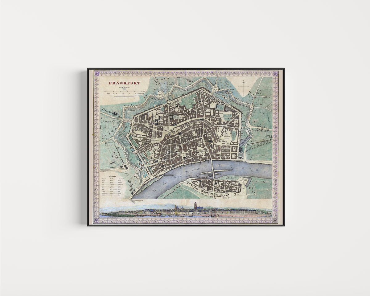 Framed art print of Frankfurt am Main, in a slim black frame on a plain white wall