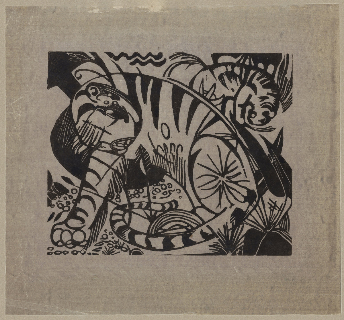 Tiger (Woodcut) by Franz Marc — A tiger coiled in black on a silver-grey sheet