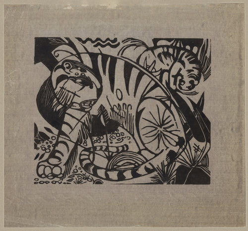 Tiger (Woodcut) by Franz Marc — A tiger coiled in black on a silver-grey sheet