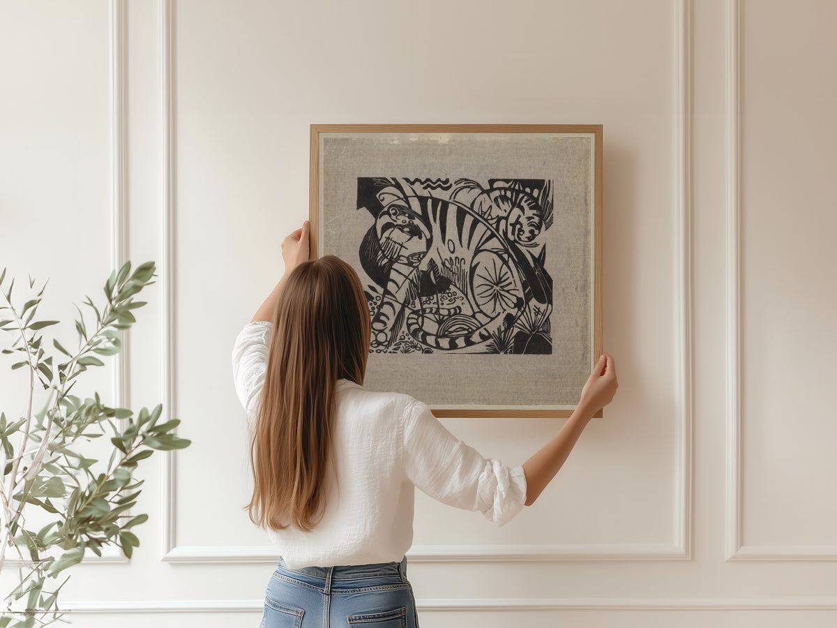 Tiger (Woodcut) by Franz Marc — being hung, framed, on a panelled wall
