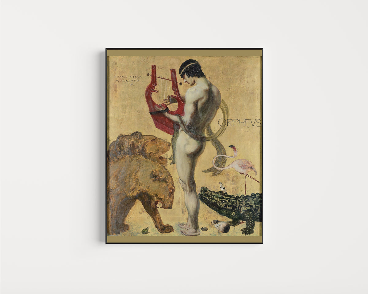 Framed art print of Orpheus by Franz von Stuck, in a slim black frame on a plain white wall