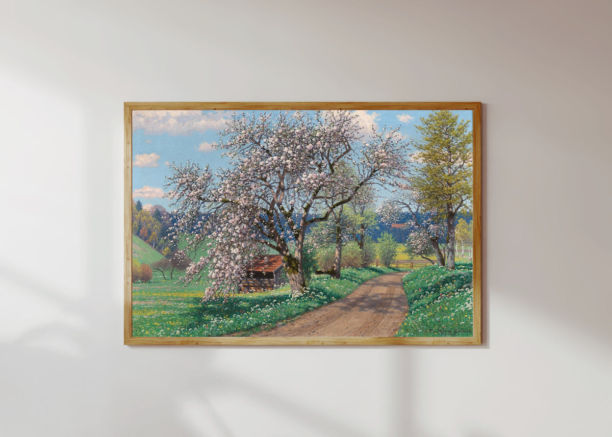 Framed art print of A Spring Day by Fritz Müller-Landeck, in a light wood frame on a sunlit white wall