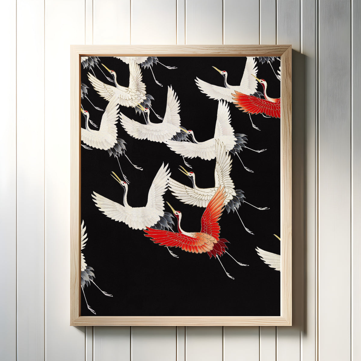 Framed art print of Furisode with Flying Cranes by Japanese Art, in a light wood frame on a white panelled wall