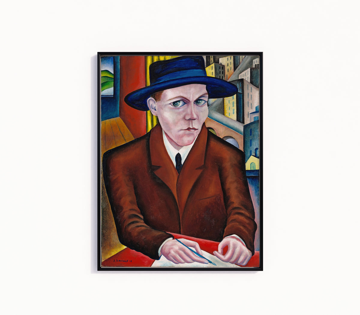 Framed art print of Oscar Maria Graf by Georg Schrimpf, in a slim black frame on a plain white wall