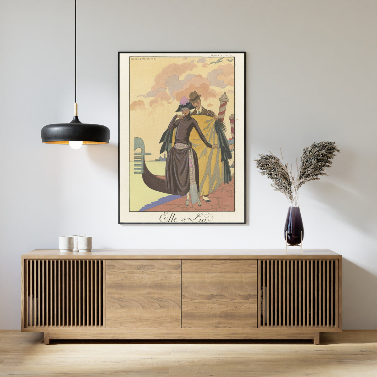 Elle et Lui by George Barbier — framed above a slatted wood sideboard