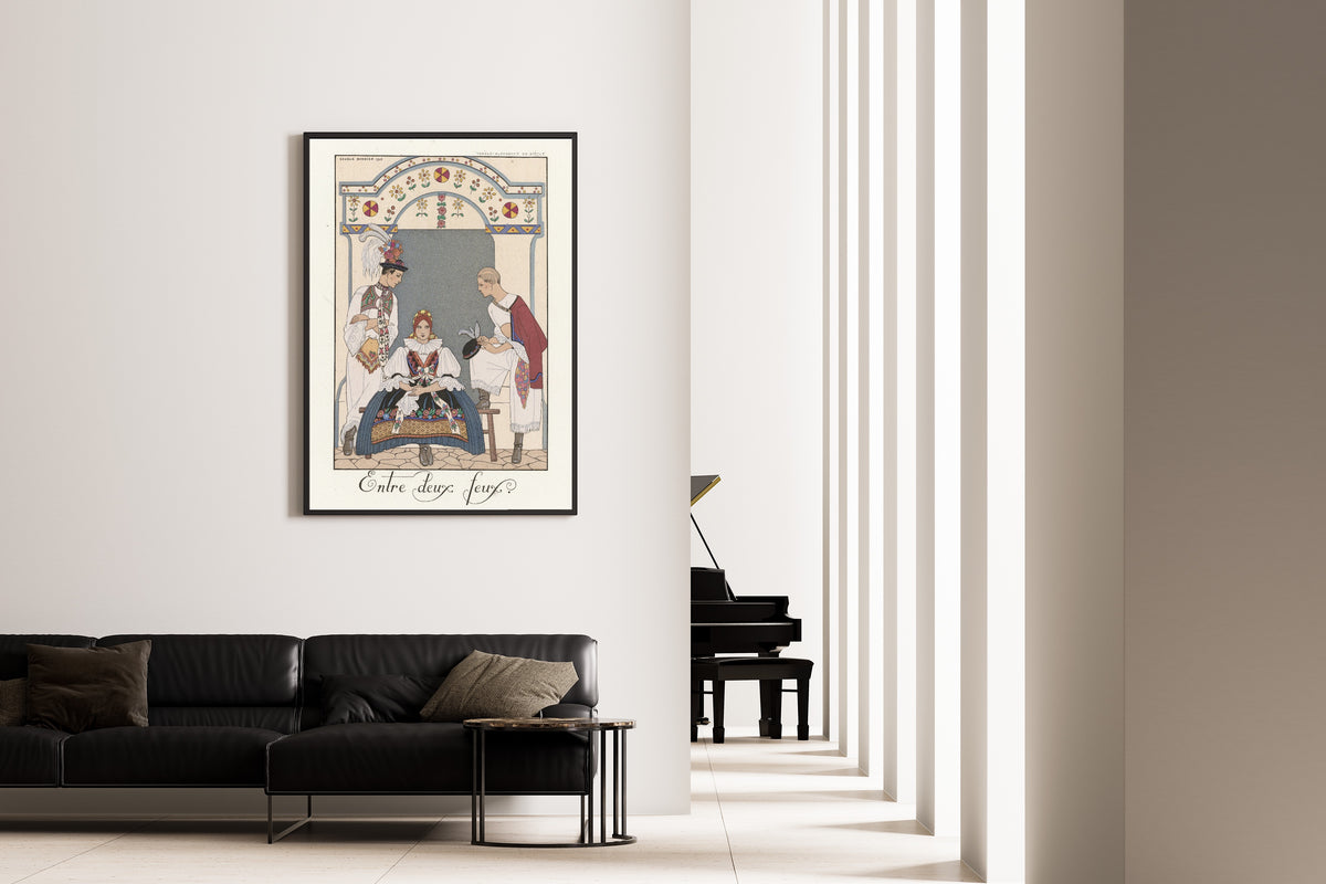 Entre deux feux by George Barbier — framed on the wall of a minimal living room