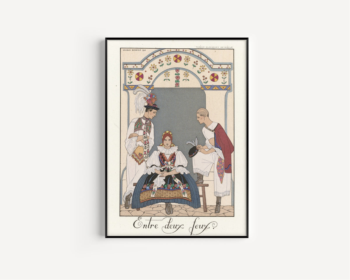 Entre deux feux by George Barbier — in a slim black frame on a plain white wall