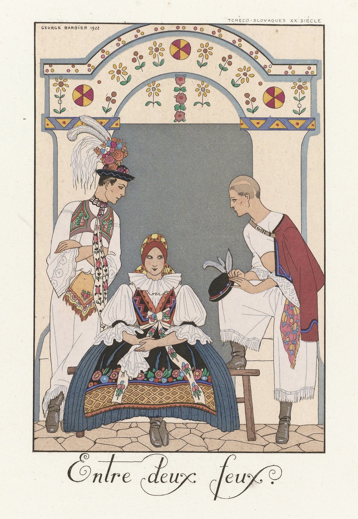 Entre deux feux by George Barbier — Three figures in embroidered folk dress gather under a painted arch