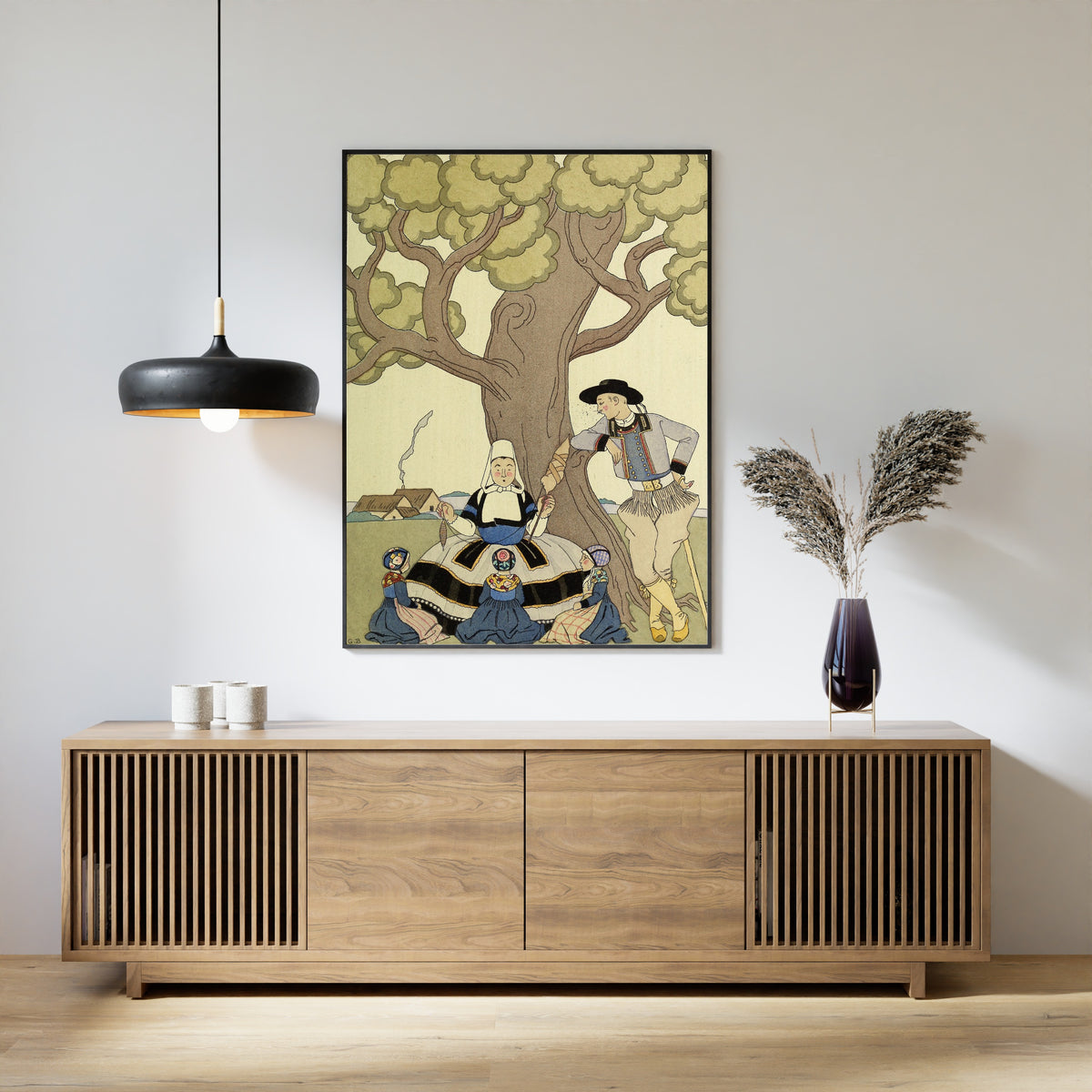 Il était une fois by George Barbier — framed above a slatted wood sideboard