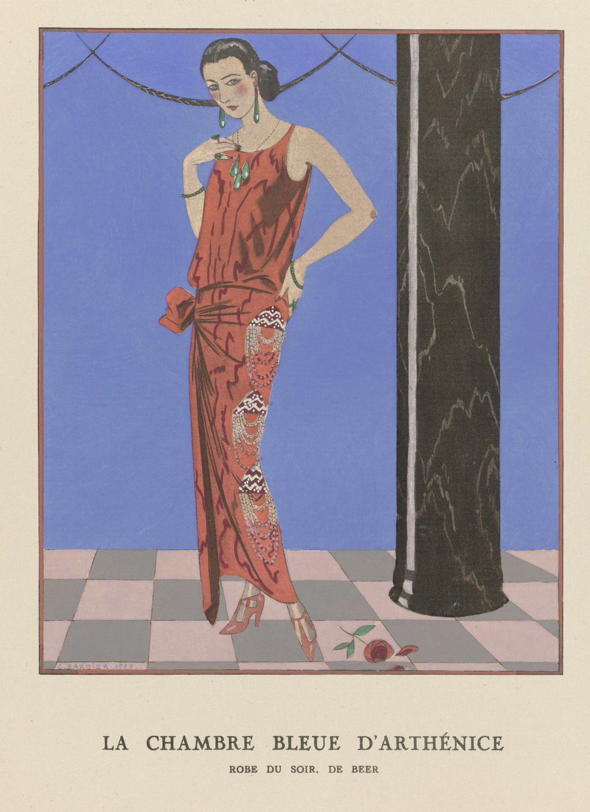 La Chambre bleue d'Arthénice, robe du soir de Beer by George Barbier — A woman in a vermilion evening gown before a periwinkle wall