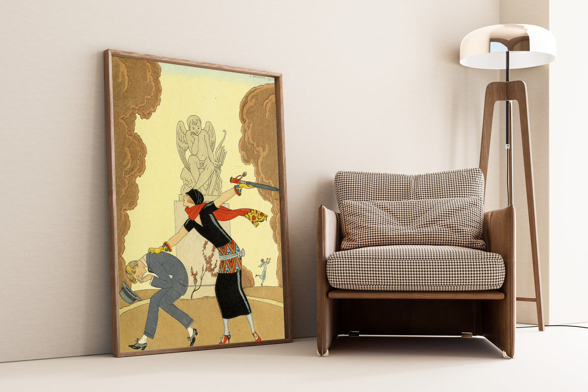 La Colère [Anger] by George Barbier — framed and leaning against a wall beside an armchair and a floor lamp