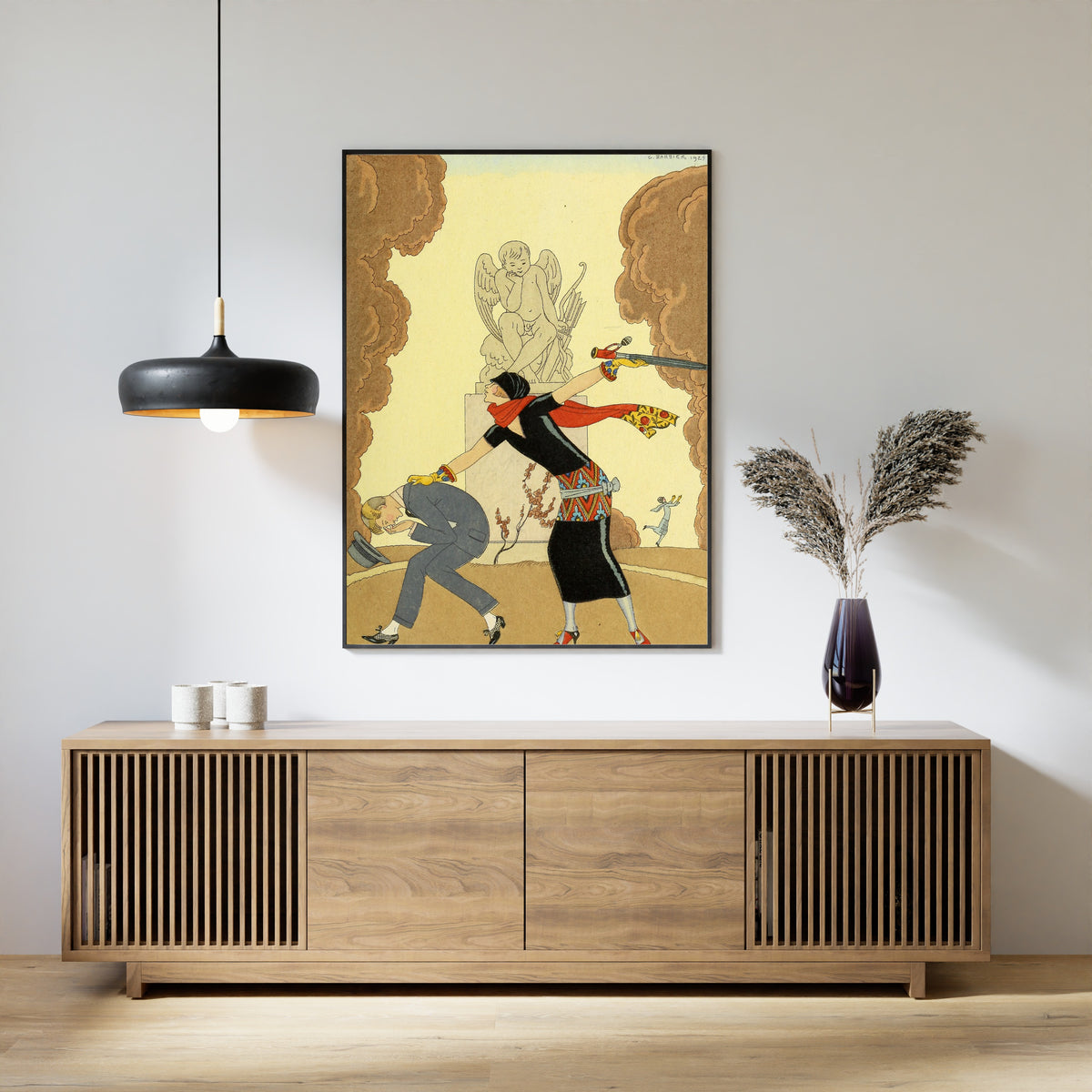 La Colère [Anger] by George Barbier — framed above a slatted wood sideboard
