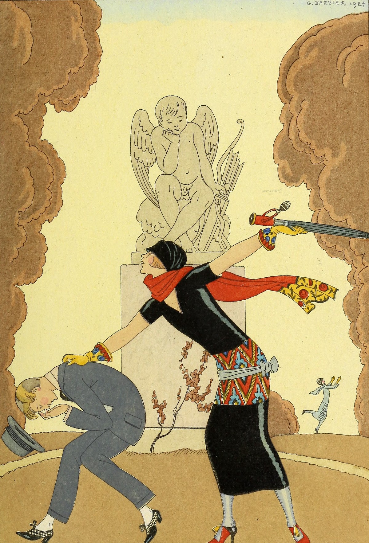 La Colère [Anger] by George Barbier — A woman in a flying red scarf brandishes a sword at a cowering man