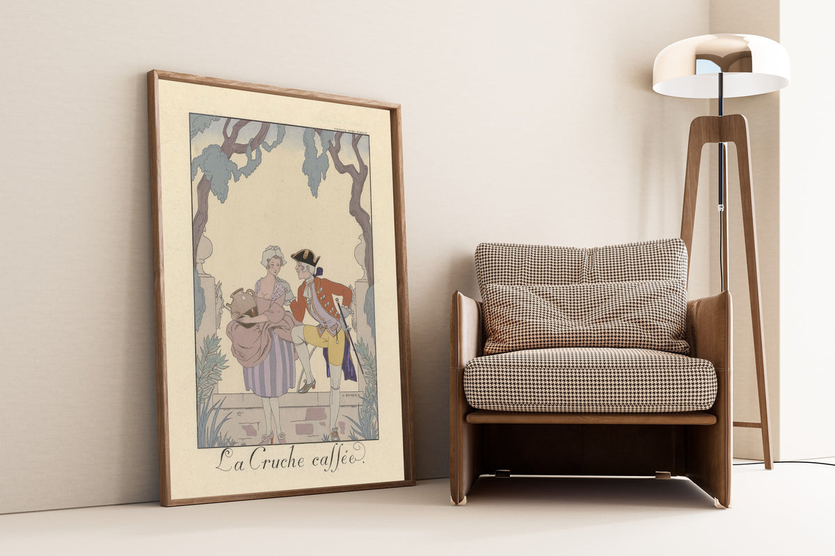 La Cruche cassée by George Barbier — framed and leaning against a wall beside an armchair and a floor lamp