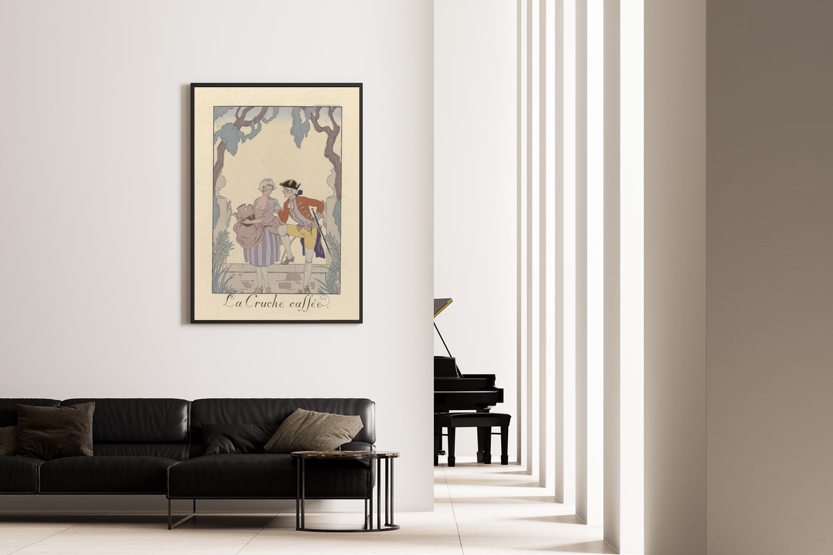 La Cruche cassée by George Barbier — framed on the wall of a minimal living room