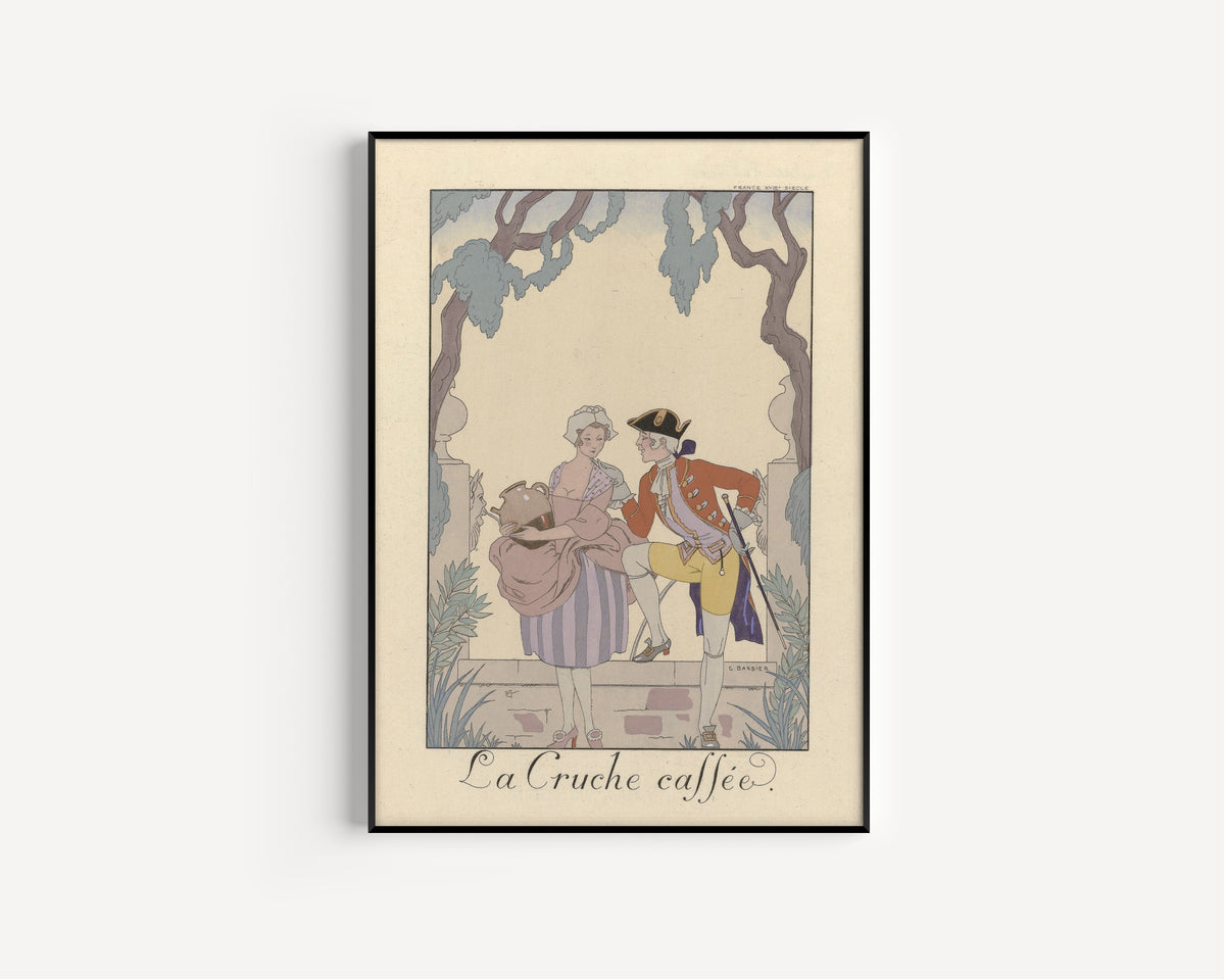 La Cruche cassée by George Barbier — in a slim black frame on a plain white wall