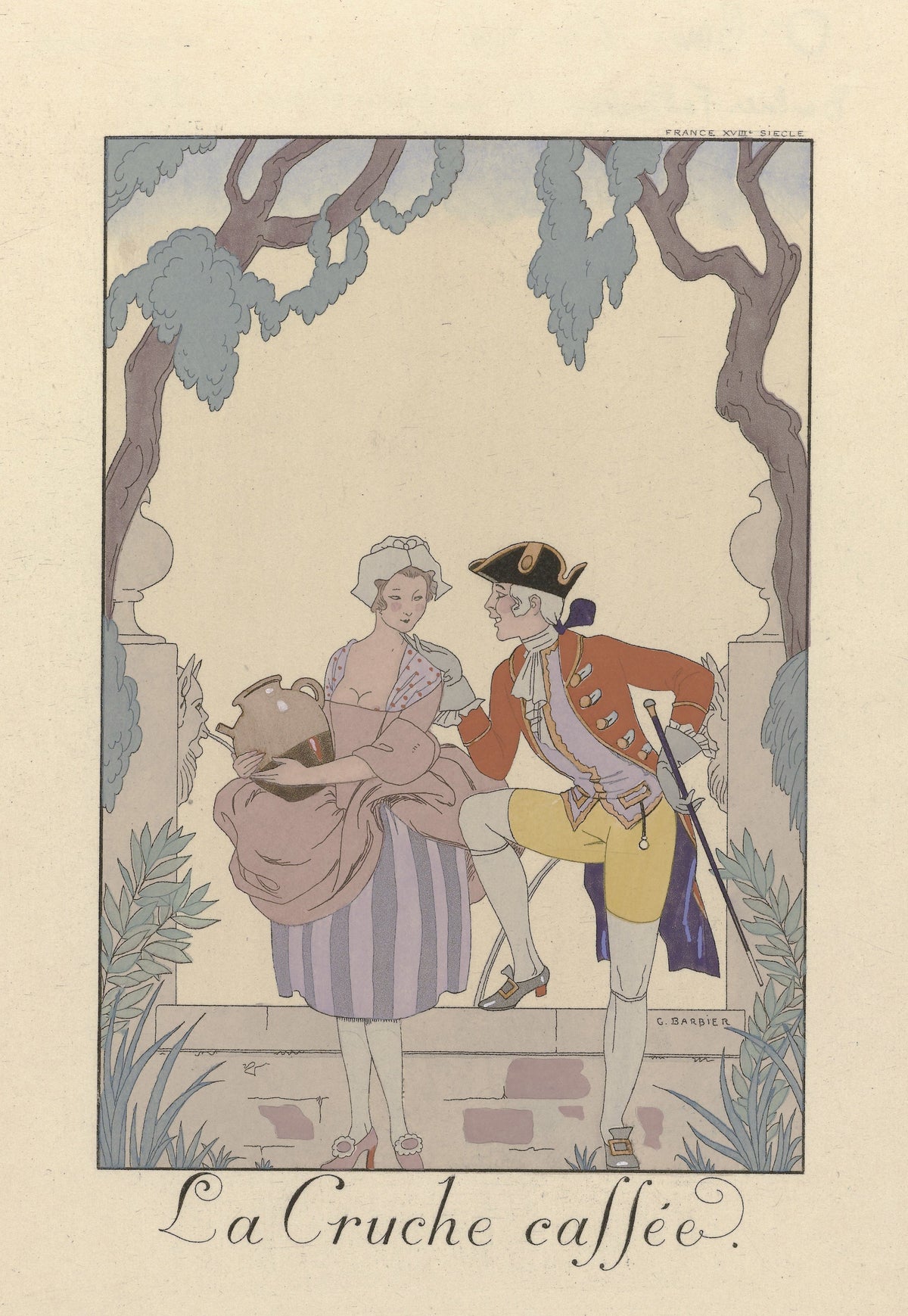 La Cruche cassée by George Barbier — A jug-bearing girl meets a suitor with a cane by a stone balustrade
