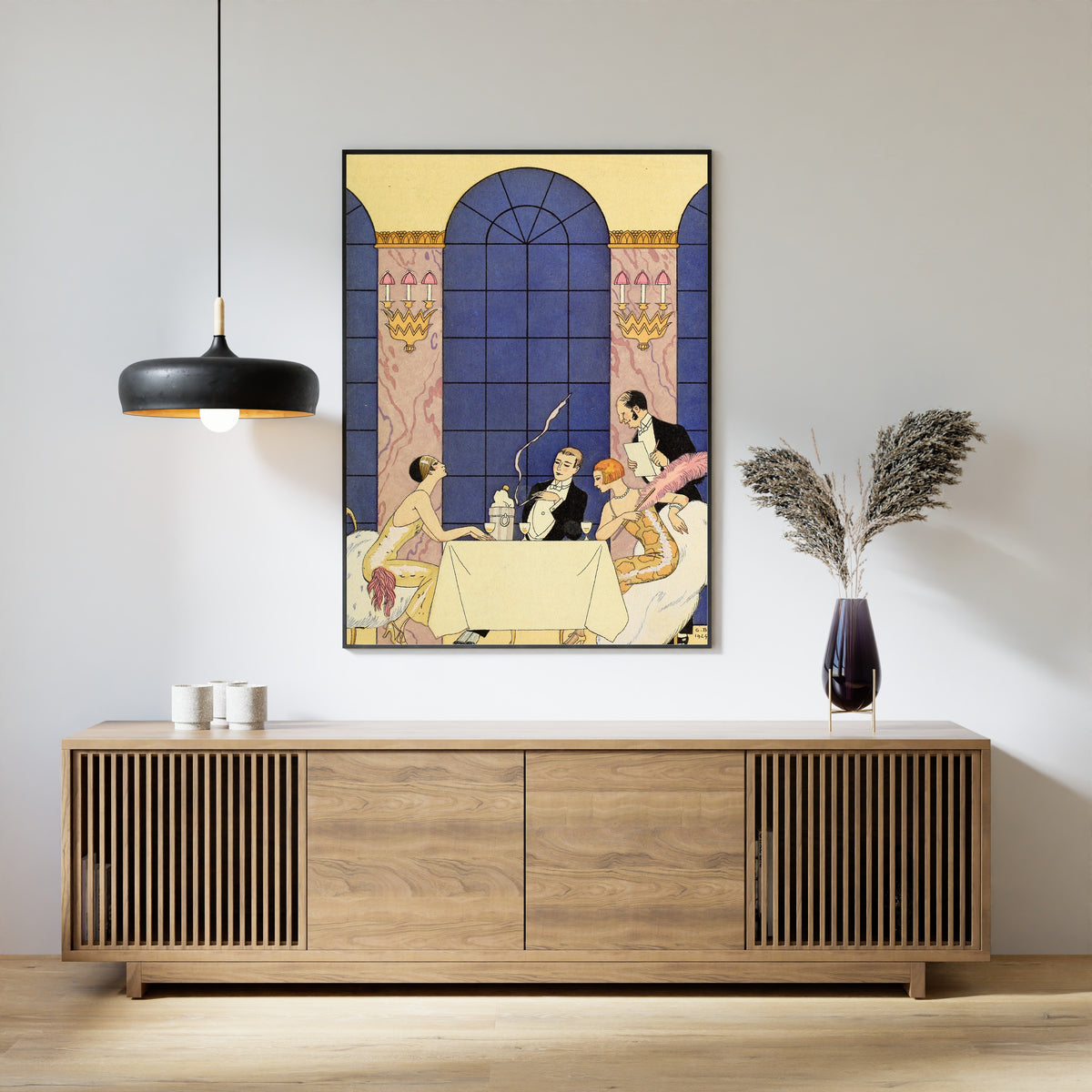 La Gourmandise [Gluttony] by George Barbier — framed above a slatted wood sideboard