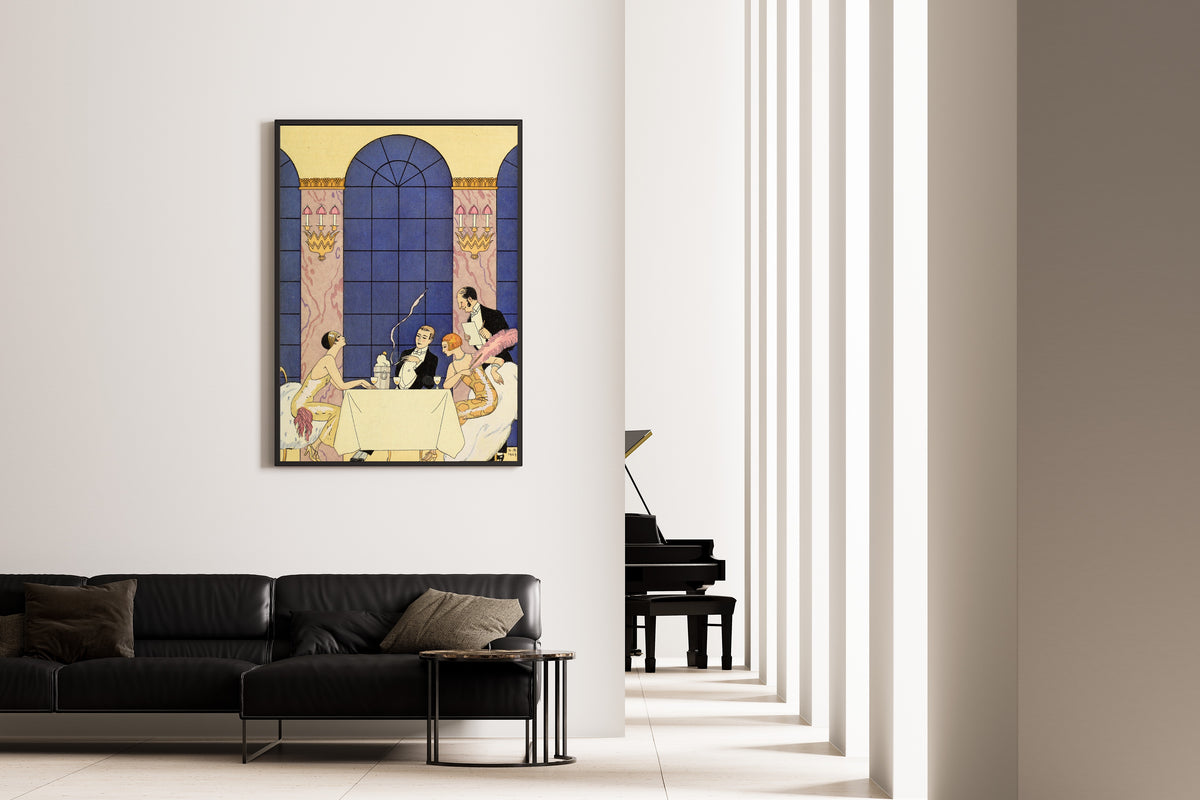 La Gourmandise [Gluttony] by George Barbier — framed on the wall of a minimal living room