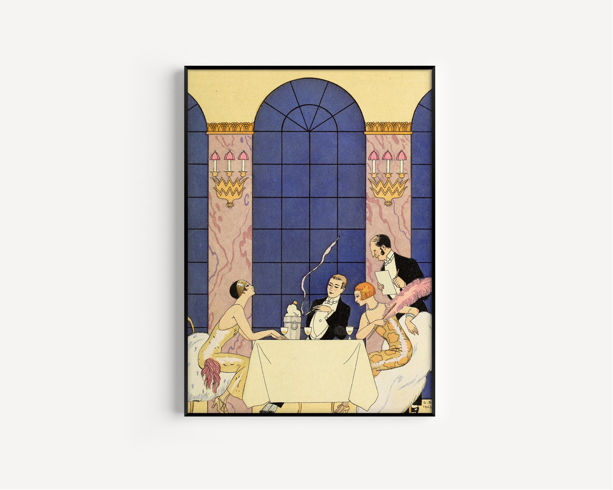 La Gourmandise [Gluttony] by George Barbier — in a slim black frame on a plain white wall